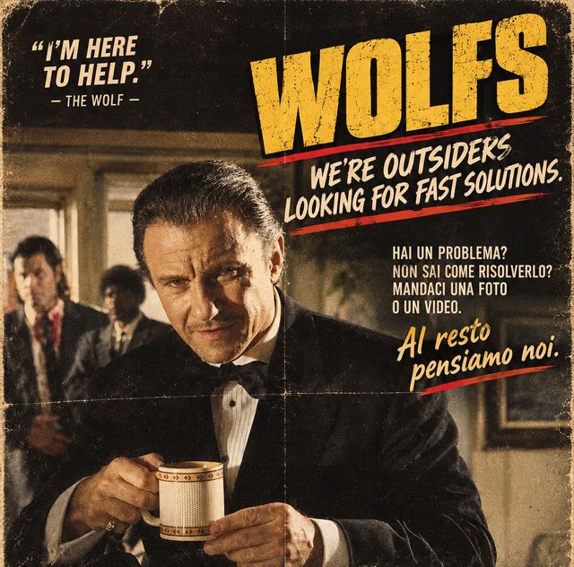 La locandina di WOLFS: Wolf in smoking con la tazza di caffè. «I'm here to help» - The Wolf. WOLFS, we're outsiders looking for fast solutions. Hai un problema? Non sai come risolverlo? Mandaci una foto o un video. Al resto pensiamo noi.